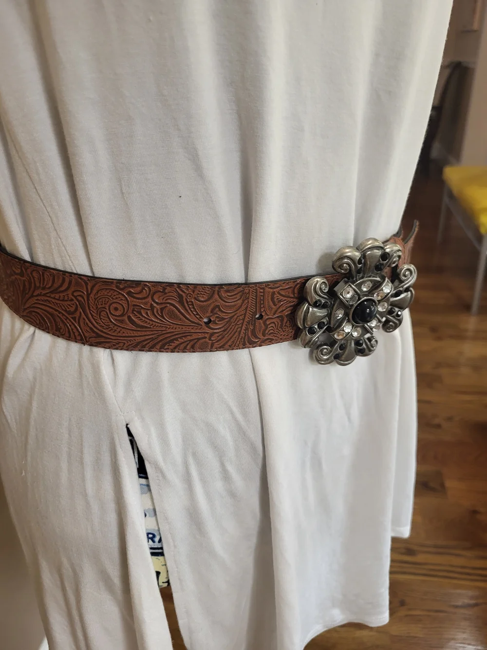 Brown Tooled Faux Leather Belt with Ornate Silver-Tone Rhinestone Buckle